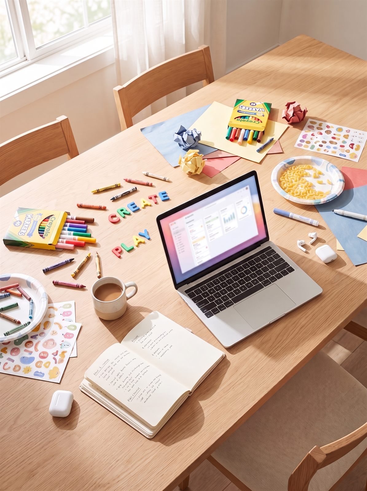 Kitchen table with a laptop open in the middle of crayons, markers, and kid art supplies