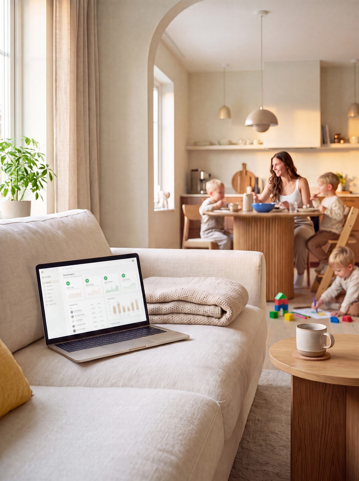 Laptop running a dashboard on the couch while the family eats breakfast in the background