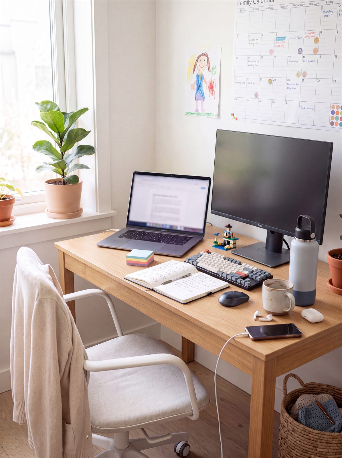 The real desk: laptop, monitor, kid drawing taped to the wall, family calendar above it