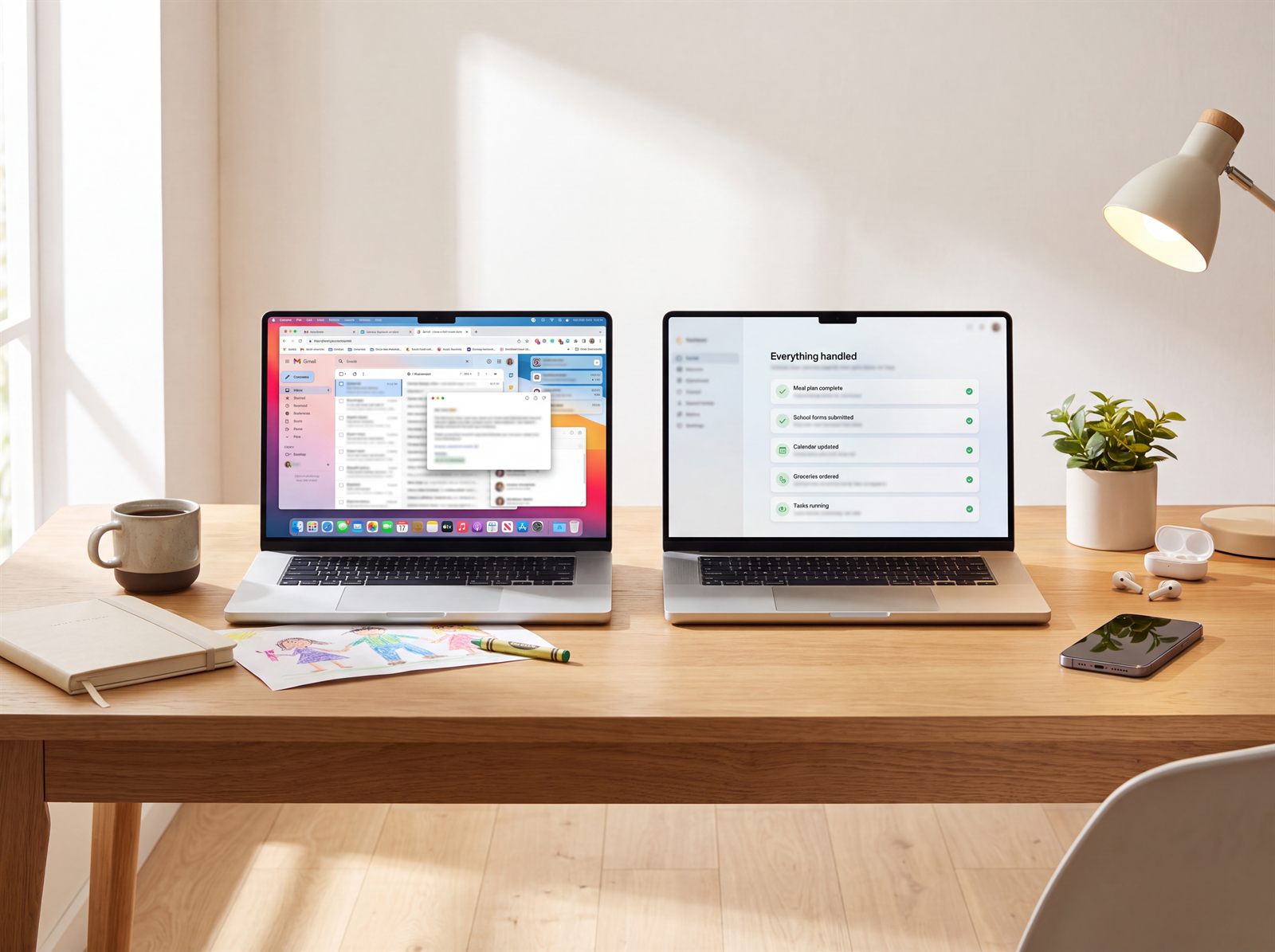 Two laptops side by side: inbox chaos on one, every task handled on the other