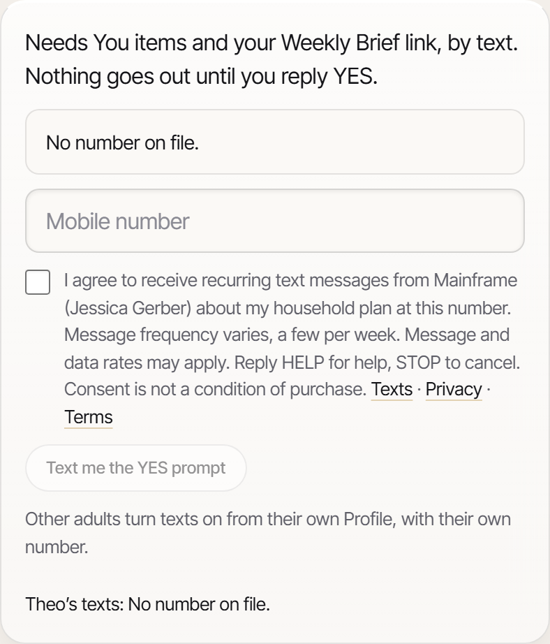 Profile, Texts screen as it opens: an empty mobile number field, an unticked consent box with the full disclosure, and a disabled Text me the YES prompt button.
