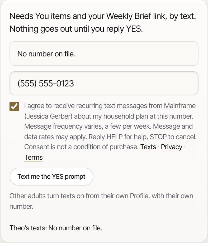 The same screen with a mobile number entered and the consent box ticked by the adult, which turns the button on.